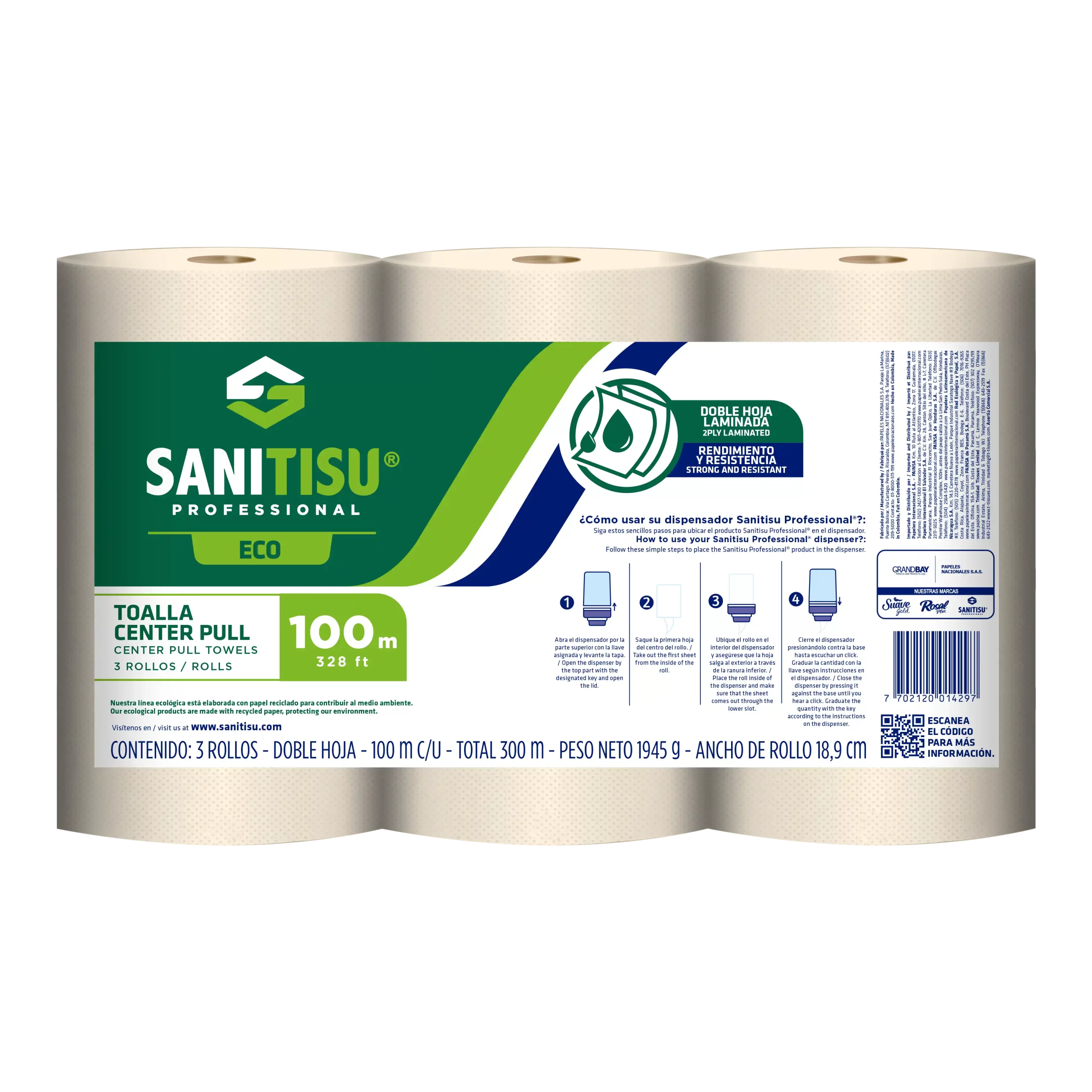 Toallas de Manos Natural Center Pull Sanitisu Professional Eco 3 Rollos